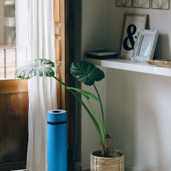 A cozy corner at home with a yoga mat and a plant.